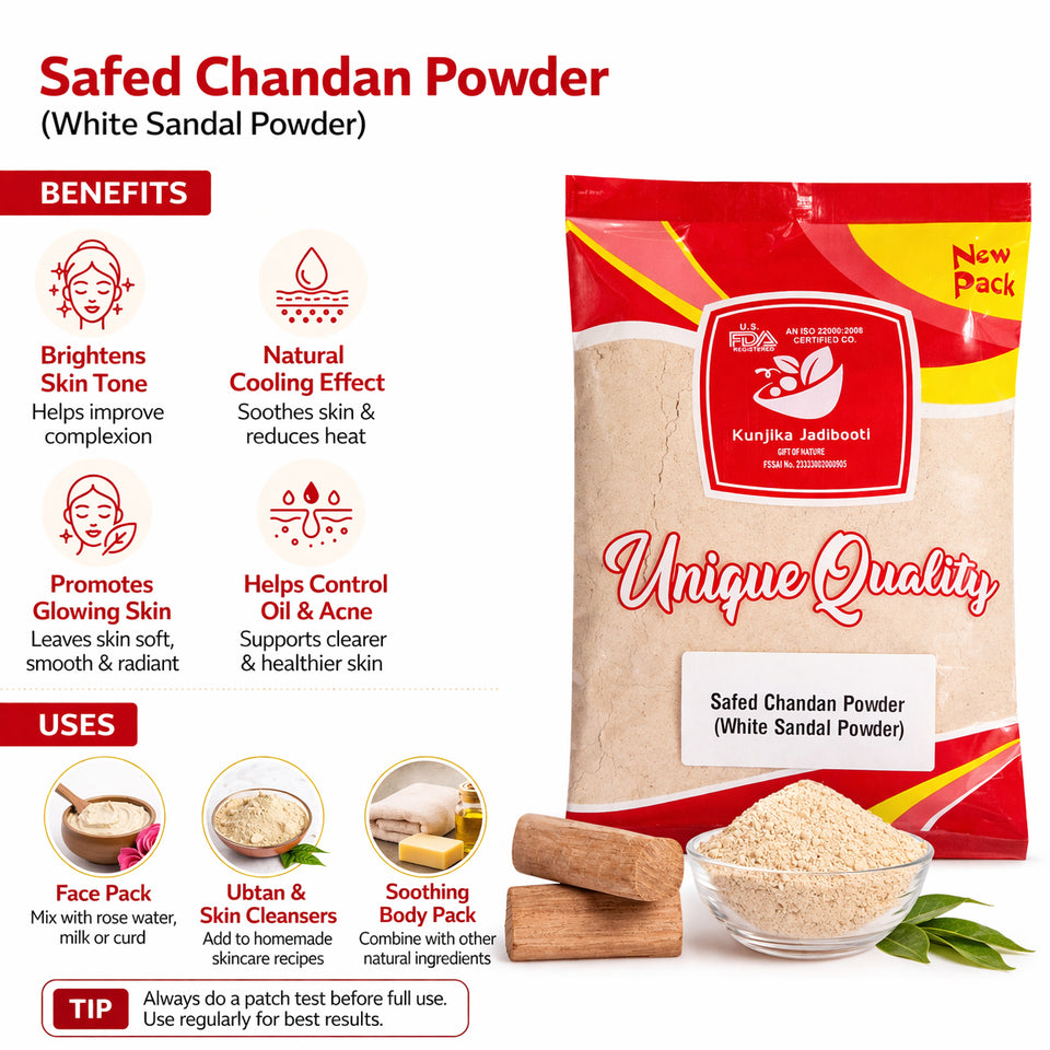 Kunjika Jadibooti Pure White Chandan Powder | White Sandalwood | Safed Chandan for Skin Whitening, Pooja | Chandan Powder For Face Pack | For Facial Uses - 100 gm