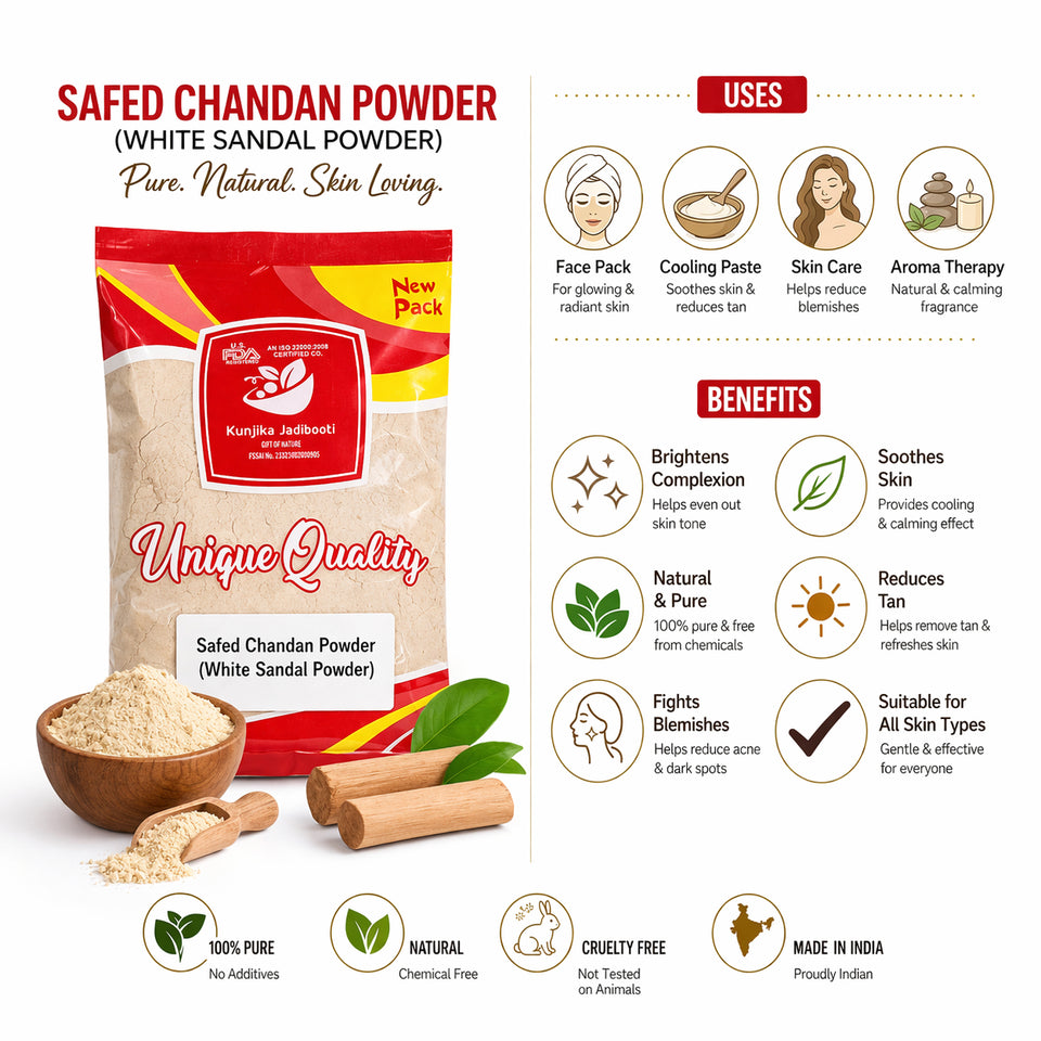 Kunjika Jadibooti Pure White Chandan Powder | White Sandalwood | Safed Chandan for Skin Whitening, Pooja | Chandan Powder For Face Pack | For Facial Uses - 100 gm