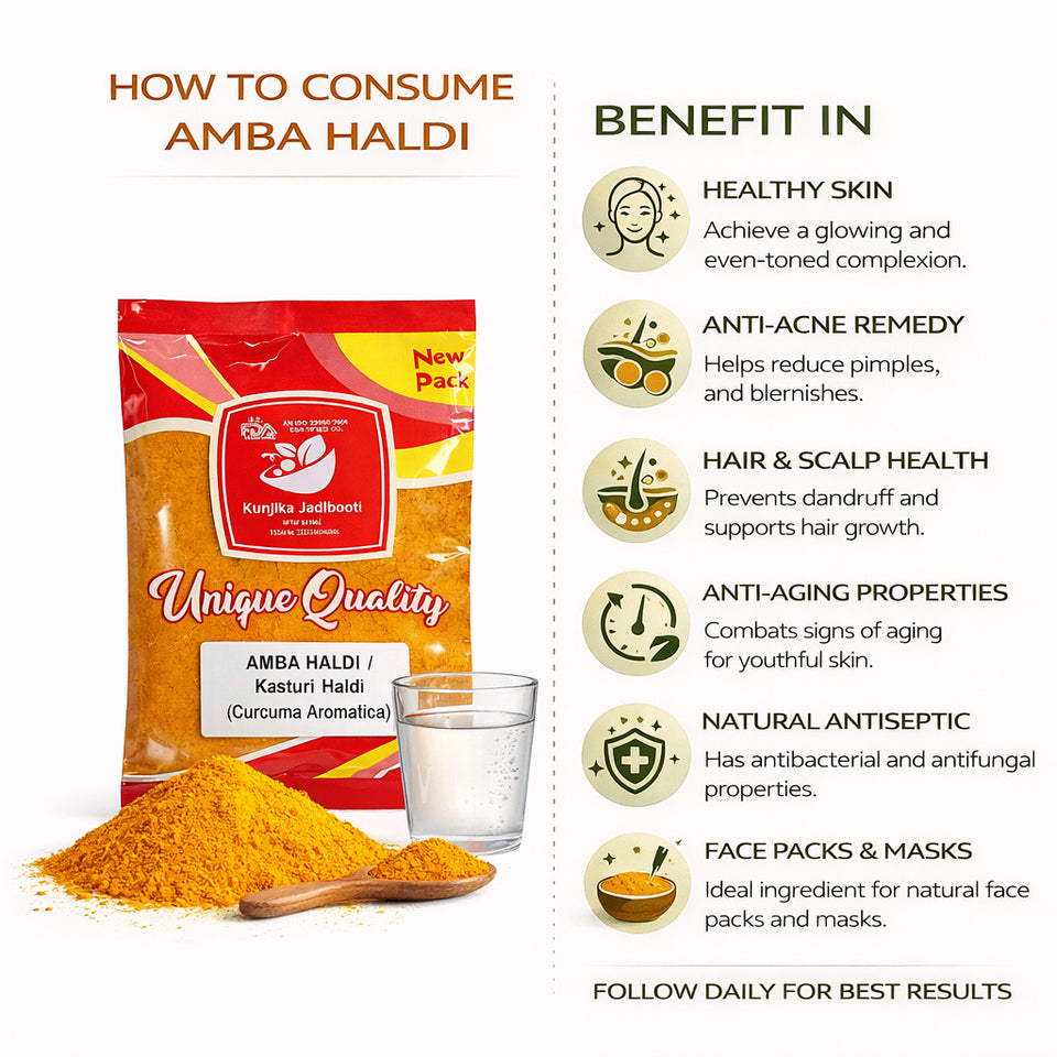 Kunjika Jadibooti Kasturi Haldi Powder For Face Beauty | Amba Haldi Powder | Natural & Pure Amba Haldi Powder || for Skin Whitening | Wild Turmeric Powder - 100 gm