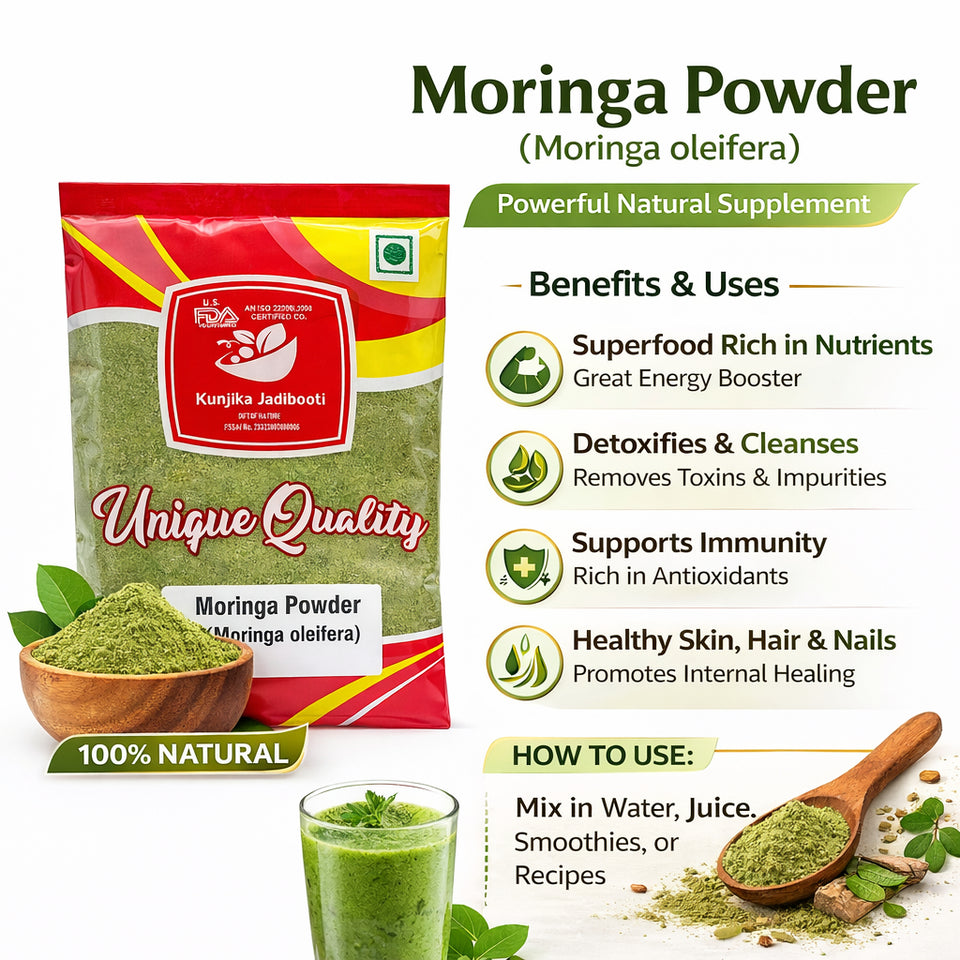 Kunjika Jadibooti Moringa Leaves Powder Edible Grade, Murungai Leaf powder, Munagaku, Muringayila, Moringo, Morigana, Muringa - 100 gm