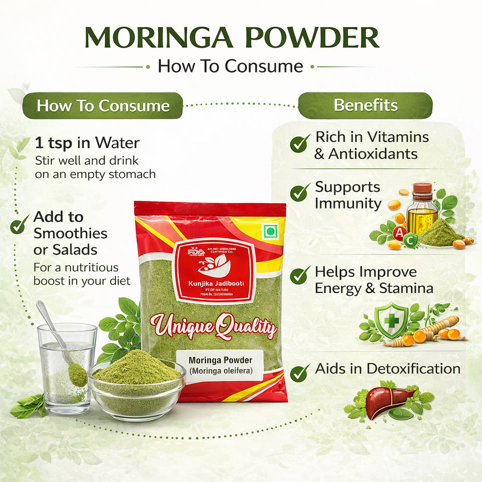 Kunjika Jadibooti Moringa Leaves Powder Edible Grade, Murungai Leaf powder, Munagaku, Muringayila, Moringo, Morigana, Muringa - 100 gm