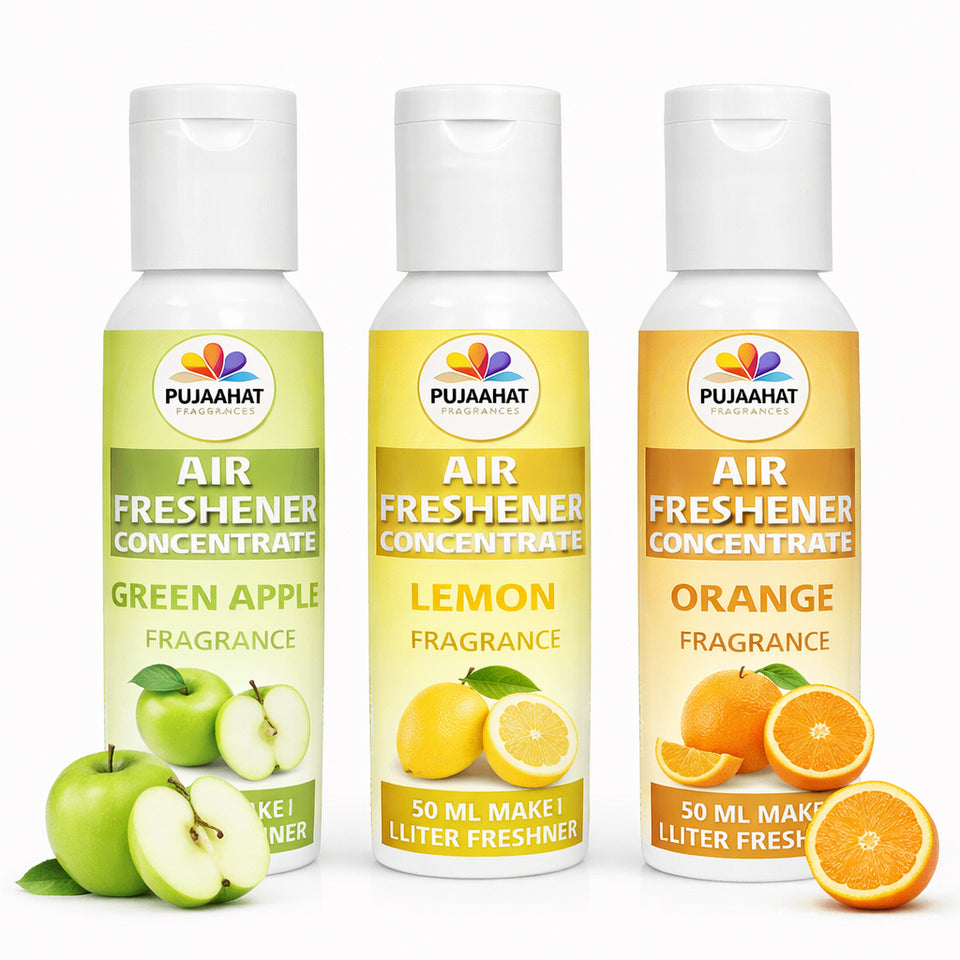 Green Apple, Lemon, Orange Air Freshener Concentrate Set of 3 (50ml Each) Makes 1 Liter Each | Long Lasting Room Freshener Liquid | Fragrance Combo for Home, Office, Car | Alcohol-Free Premium Fragrance by Pujahaat