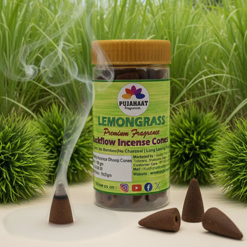 Pujahaat Backflow Incense Cones for Fountain | Long Lasting Fragrance | Premium Aromatherapy Cones for Home, Office, Meditation & Relaxation | 100% Natural Ingredients - Lemongrass
