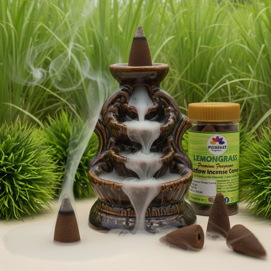 Pujahaat Backflow Incense Cones for Fountain | Long Lasting Fragrance | Premium Aromatherapy Cones for Home, Office, Meditation & Relaxation | 100% Natural Ingredients - Lemongrass