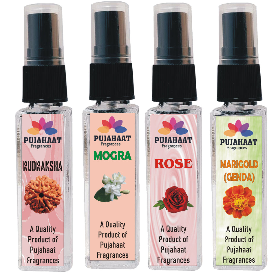 Pujahaat Mogra, Rose, Rudraksha, Marigold Set of 4 Perfume Attar Spray 8ml | itra/ittar Perfume | For Pooja/Personal Use