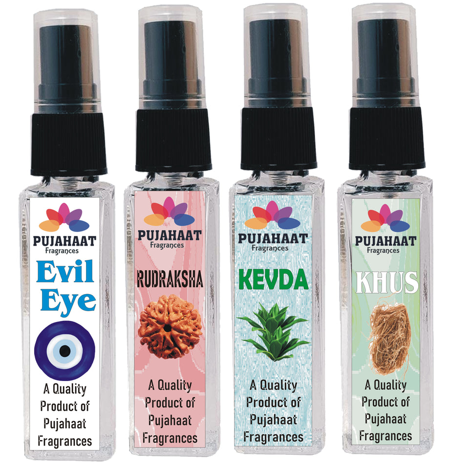Pujahaat Evil Eye, Kevda, Rudraksha, Khus Set of 4 Perfume Attar Spray 8ml | itra/ittar Perfume | For Pooja/Personal Use
