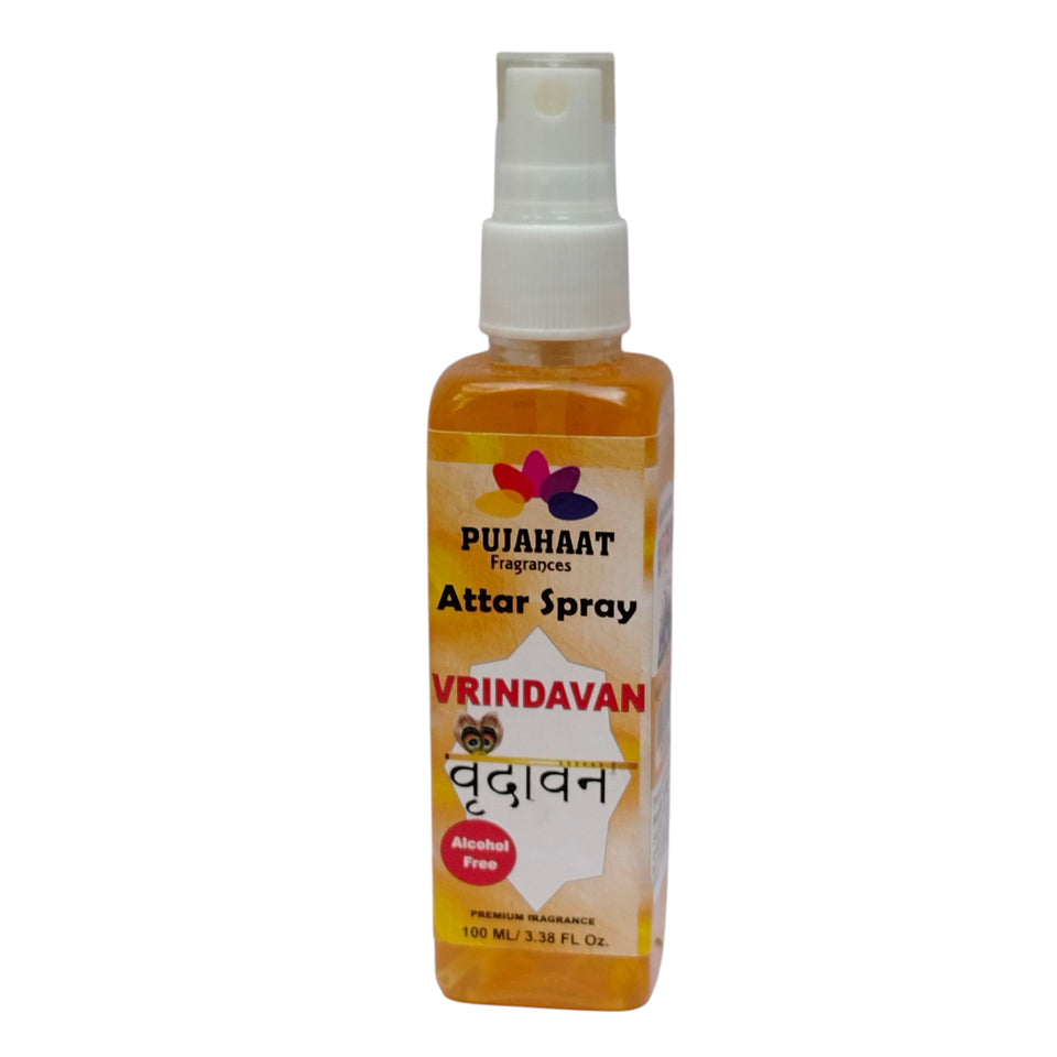 Vrindavan Premium Attar Spray by Pujahaat | 100 ml Non Alcoholic Spray | Religious Mist | Air Freshener, Room Mist, Fabric & Linen Spray | Perfect for Prayers Rooms, Living Room, sofas, curtains, car
