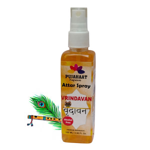 Vrindavan Premium Attar Spray by Pujahaat | 100 ml Non Alcoholic Spray | Religious Mist | Air Freshener, Room Mist, Fabric & Linen Spray | Perfect for Prayers Rooms, Living Room, sofas, curtains, car