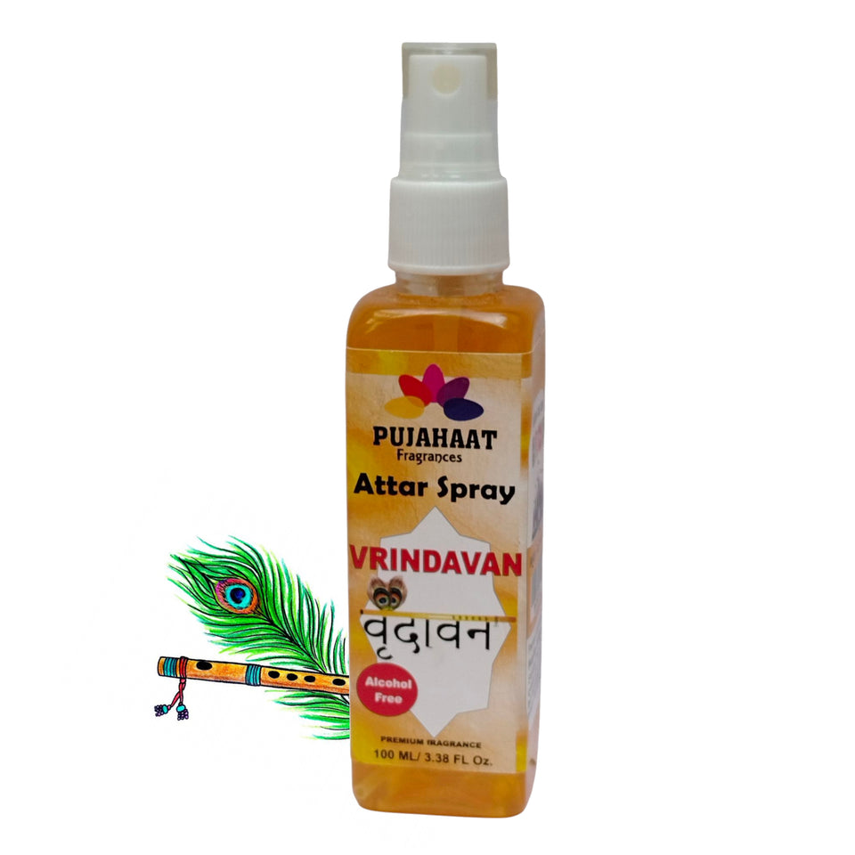 Vrindavan Premium Attar Spray by Pujahaat | 100 ml Non Alcoholic Spray | Religious Mist | Air Freshener, Room Mist, Fabric & Linen Spray | Perfect for Prayers Rooms, Living Room, sofas, curtains, car