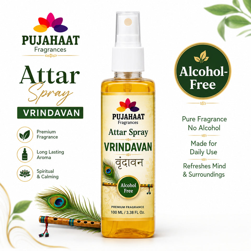 Vrindavan Premium Attar Spray by Pujahaat | 100 ml Non Alcoholic Spray | Religious Mist | Air Freshener, Room Mist, Fabric & Linen Spray | Perfect for Prayers Rooms, Living Room, sofas, curtains, car