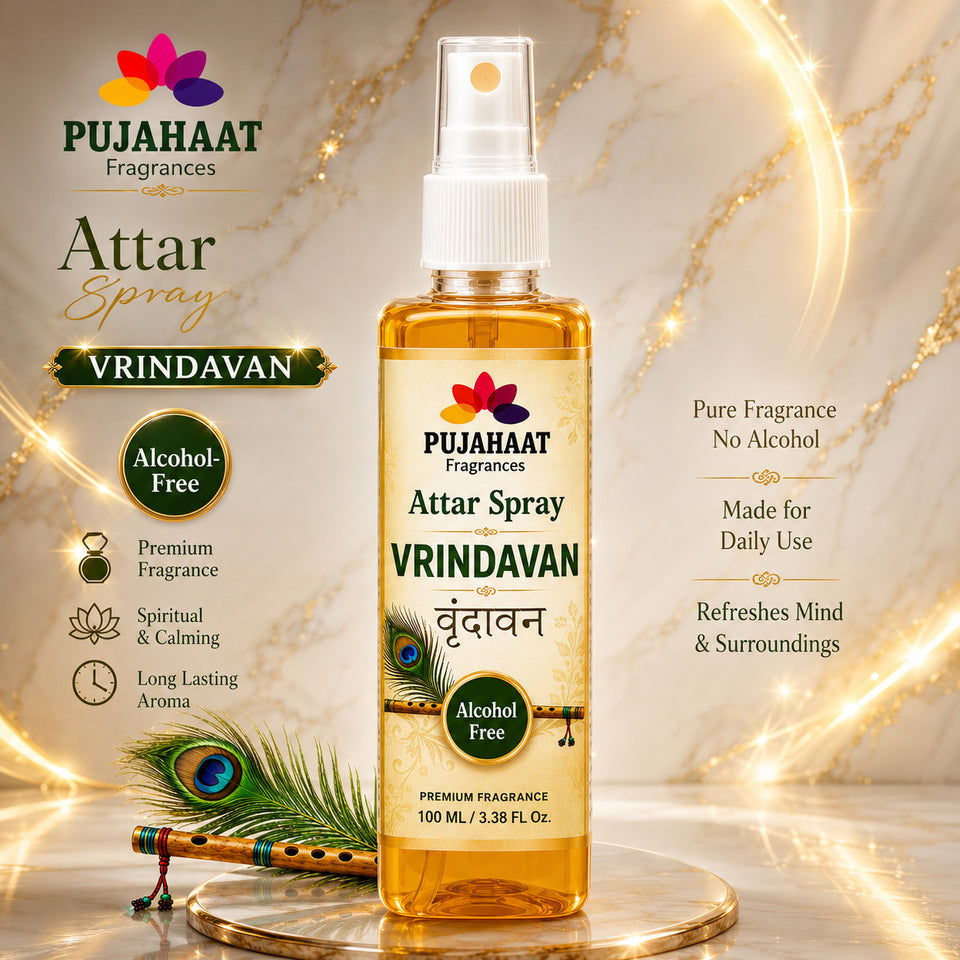 Vrindavan Premium Attar Spray by Pujahaat | 100 ml Non Alcoholic Spray | Religious Mist | Air Freshener, Room Mist, Fabric & Linen Spray | Perfect for Prayers Rooms, Living Room, sofas, curtains, car