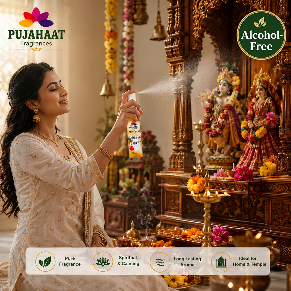 Vrindavan Premium Attar Spray by Pujahaat | 100 ml Non Alcoholic Spray | Religious Mist | Air Freshener, Room Mist, Fabric & Linen Spray | Perfect for Prayers Rooms, Living Room, sofas, curtains, car