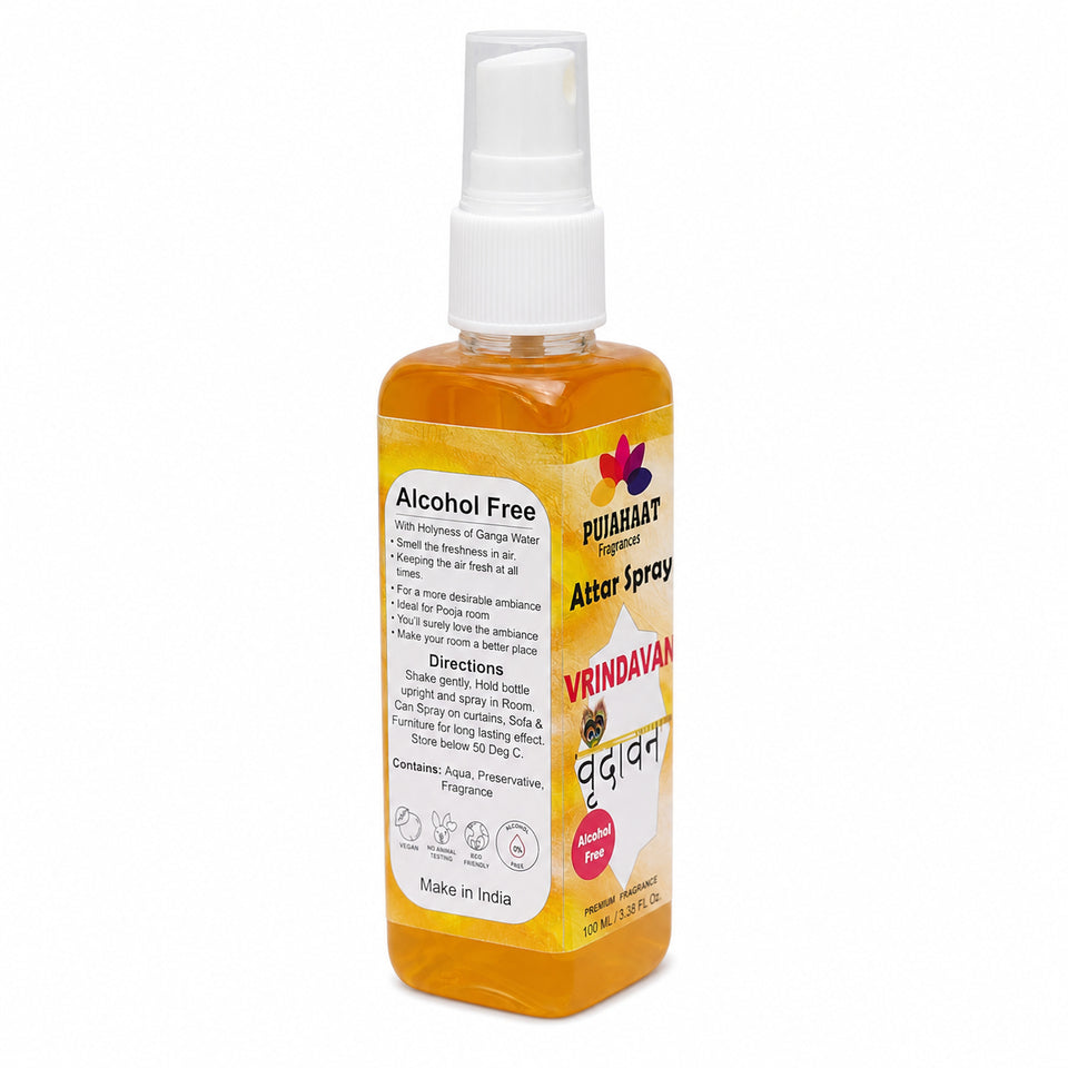 Vrindavan Premium Attar Spray by Pujahaat | 100 ml Non Alcoholic Spray | Religious Mist | Air Freshener, Room Mist, Fabric & Linen Spray | Perfect for Prayers Rooms, Living Room, sofas, curtains, car
