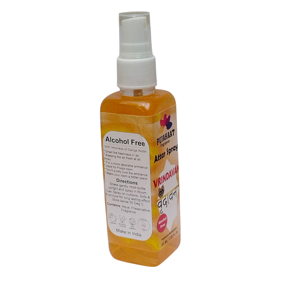 Vrindavan Premium Attar Spray by Pujahaat | 100 ml Non Alcoholic Spray | Religious Mist | Air Freshener, Room Mist, Fabric & Linen Spray | Perfect for Prayers Rooms, Living Room, sofas, curtains, car