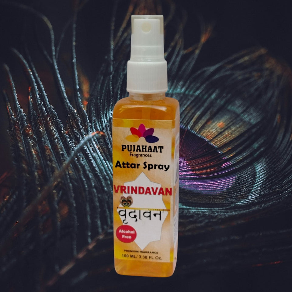 Vrindavan Premium Attar Spray by Pujahaat | 100 ml Non Alcoholic Spray | Religious Mist | Air Freshener, Room Mist, Fabric & Linen Spray | Perfect for Prayers Rooms, Living Room, sofas, curtains, car
