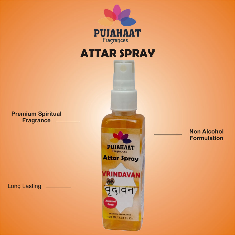 Vrindavan Premium Attar Spray by Pujahaat | 100 ml Non Alcoholic Spray | Religious Mist | Air Freshener, Room Mist, Fabric & Linen Spray | Perfect for Prayers Rooms, Living Room, sofas, curtains, car