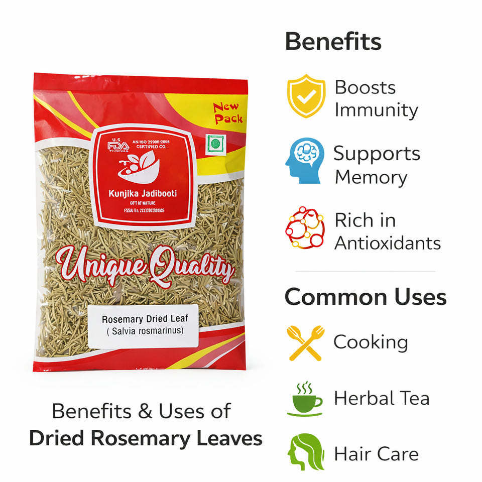 Kunjika Jadibooti Rosemary Dry Leaves | Food Grade Dried Rosemary | Natural Rose mary Leaves for Hair Care, Herbal Tea & Culinary Use | Perfect for Pasta, Soups, Salads, Teas | Ideal for Hair oils