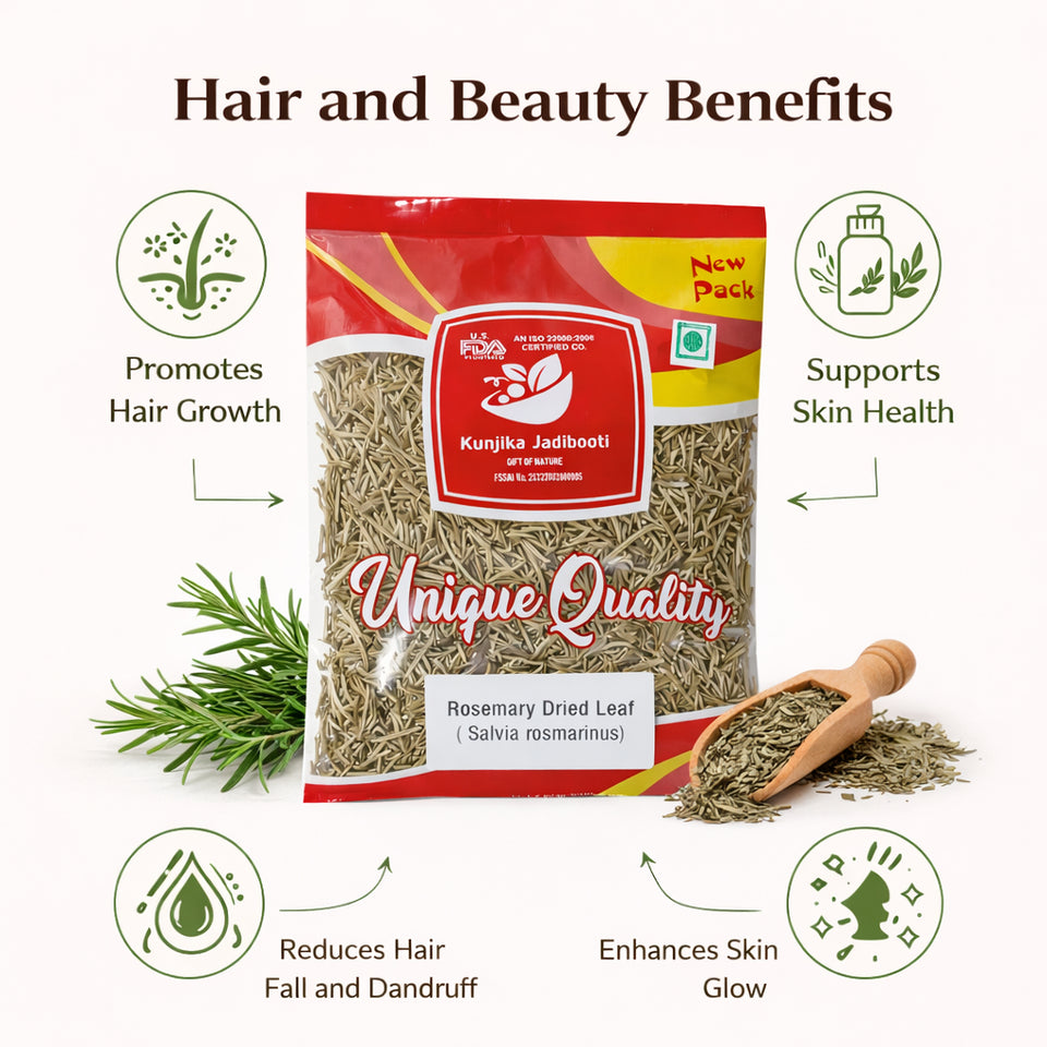 Kunjika Jadibooti Rosemary Dry Leaves | Food Grade Dried Rosemary | Natural Rose mary Leaves for Hair Care, Herbal Tea & Culinary Use | Perfect for Pasta, Soups, Salads, Teas | Ideal for Hair oils