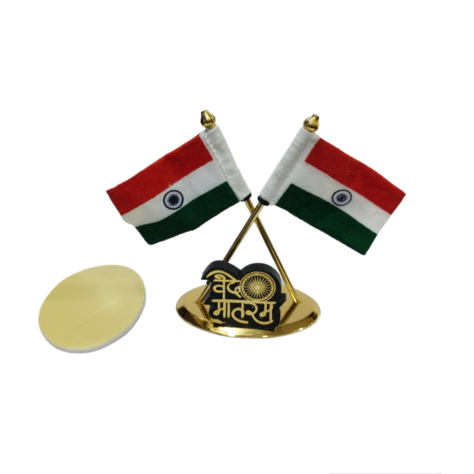 Double Indian Flags Crossed with Vande matram Logo Made with Brass with Khadi Fabric for Car Dashboard, Gifts, Home, Office