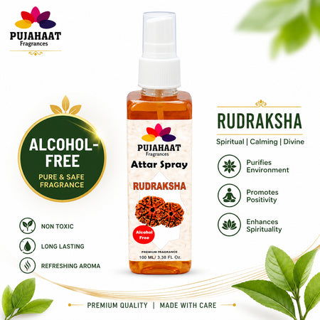 Pujahaat Premium Attar Spray | 100 ml Non Alcoholic Spray | Religious Mist | Air Freshener, Room Mist, Fabric & Linen Spray | Perfect for Prayers Rooms, Living Room, sofas, curtains, car - Rudraksha