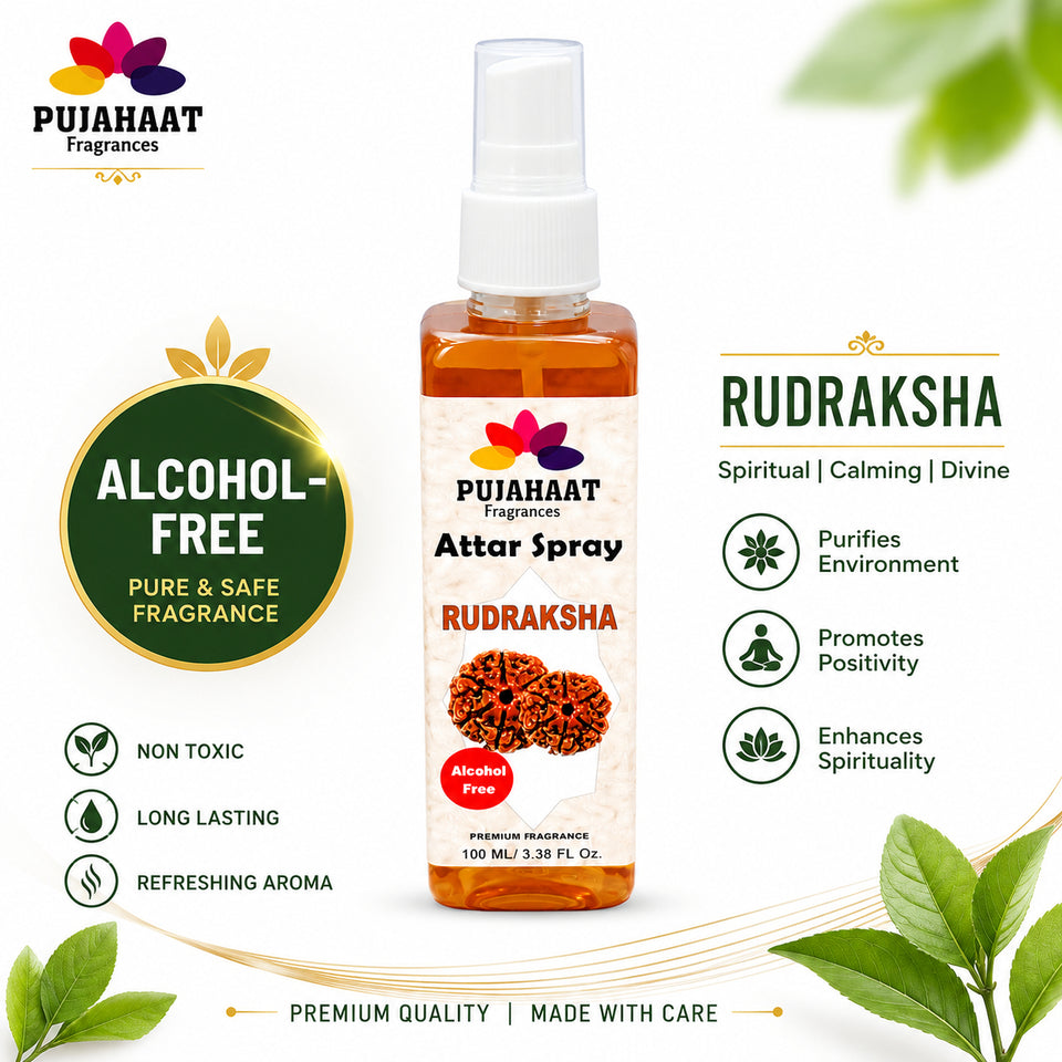 Pujahaat Premium Attar Spray | 100 ml Non Alcoholic Spray | Religious Mist | Air Freshener, Room Mist, Fabric & Linen Spray | Perfect for Prayers Rooms, Living Room, sofas, curtains, car - Rudraksha