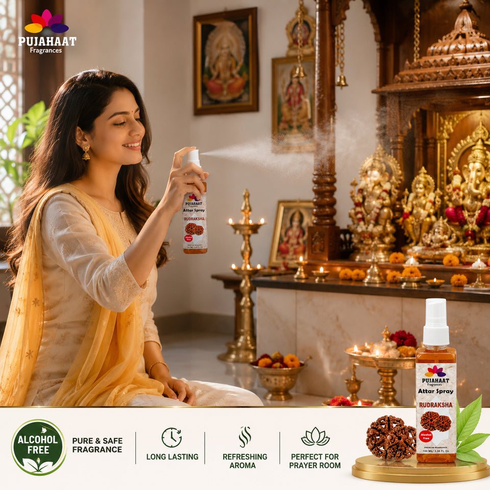 Pujahaat Premium Attar Spray | 100 ml Non Alcoholic Spray | Religious Mist | Air Freshener, Room Mist, Fabric & Linen Spray | Perfect for Prayers Rooms, Living Room, sofas, curtains, car - Rudraksha