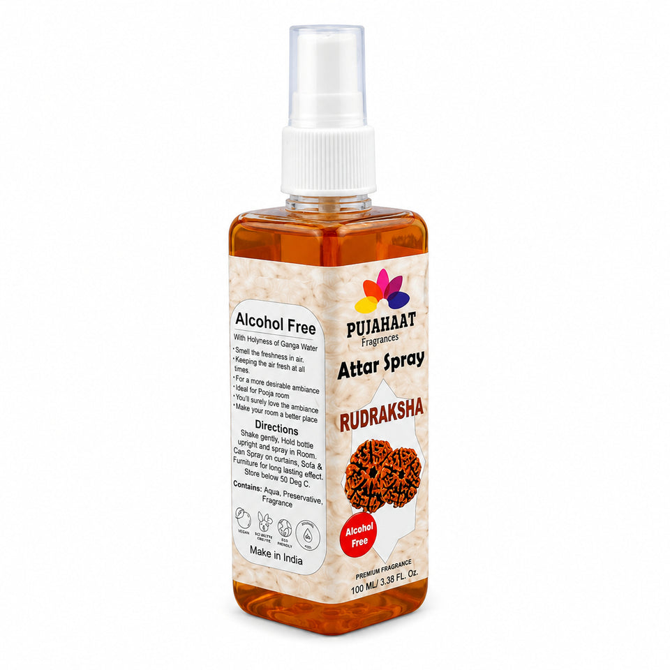Pujahaat Premium Attar Spray | 100 ml Non Alcoholic Spray | Religious Mist | Air Freshener, Room Mist, Fabric & Linen Spray | Perfect for Prayers Rooms, Living Room, sofas, curtains, car - Rudraksha