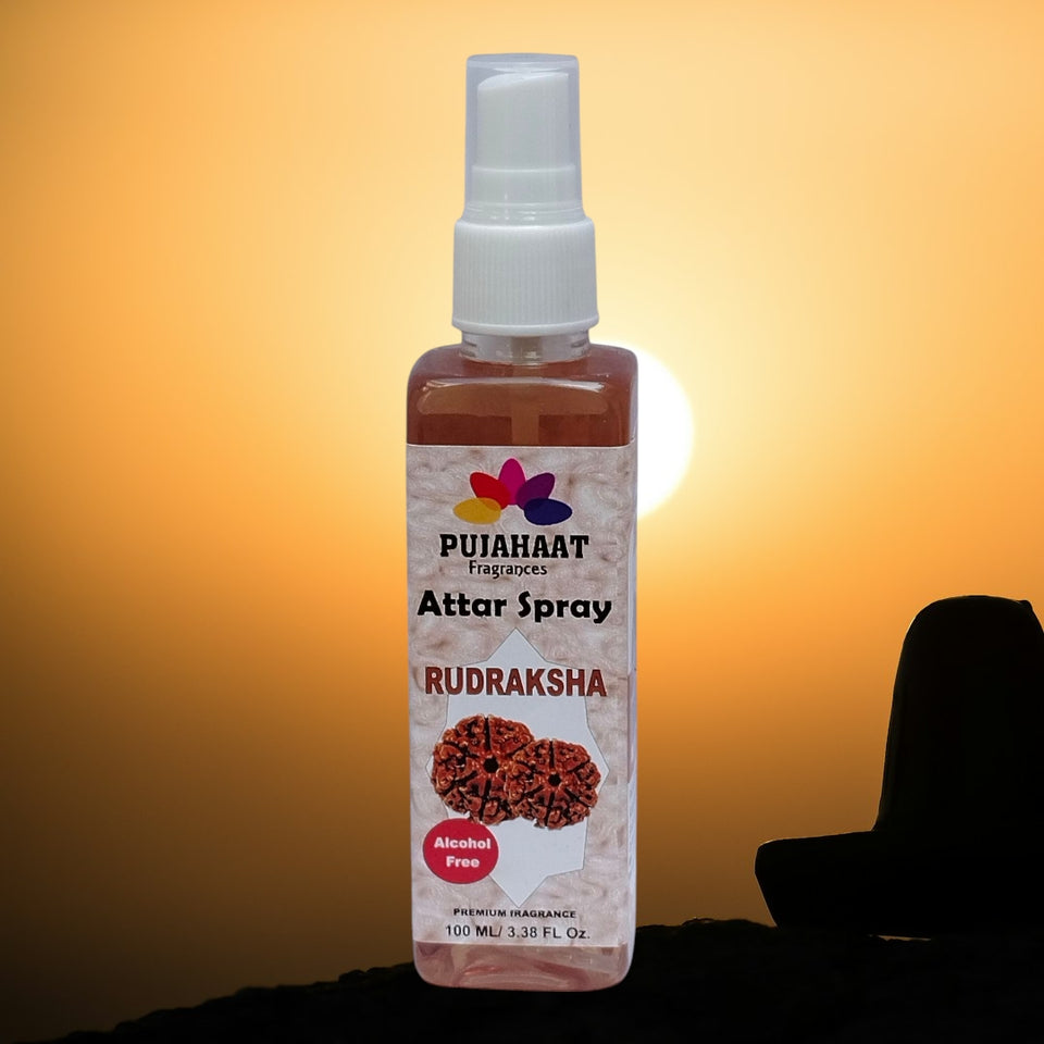Pujahaat Premium Attar Spray | 100 ml Non Alcoholic Spray | Religious Mist | Air Freshener, Room Mist, Fabric & Linen Spray | Perfect for Prayers Rooms, Living Room, sofas, curtains, car - Rudraksha