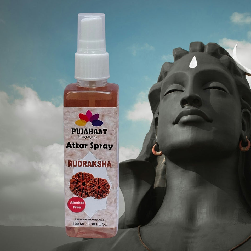 Pujahaat Premium Attar Spray | 100 ml Non Alcoholic Spray | Religious Mist | Air Freshener, Room Mist, Fabric & Linen Spray | Perfect for Prayers Rooms, Living Room, sofas, curtains, car - Rudraksha