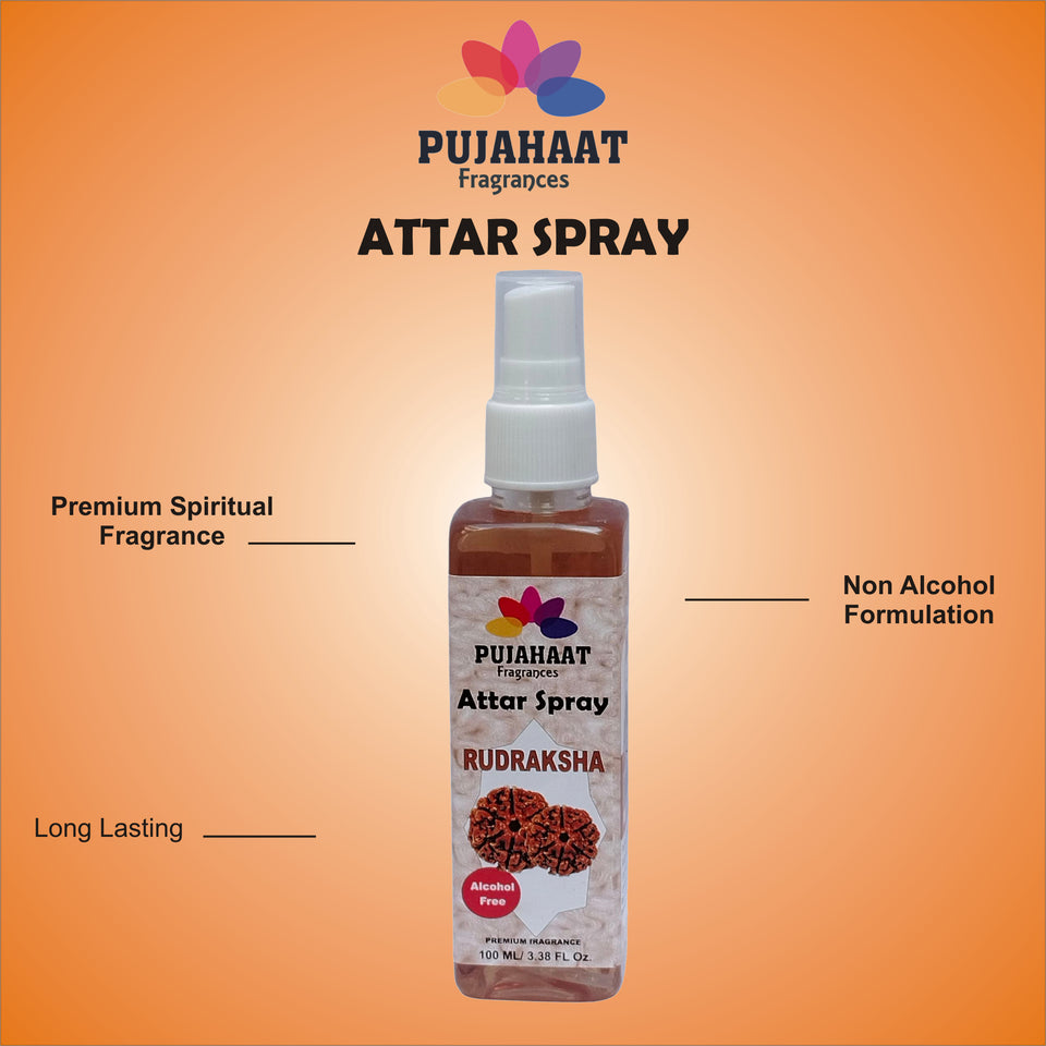 Pujahaat Premium Attar Spray | 100 ml Non Alcoholic Spray | Religious Mist | Air Freshener, Room Mist, Fabric & Linen Spray | Perfect for Prayers Rooms, Living Room, sofas, curtains, car - Rudraksha