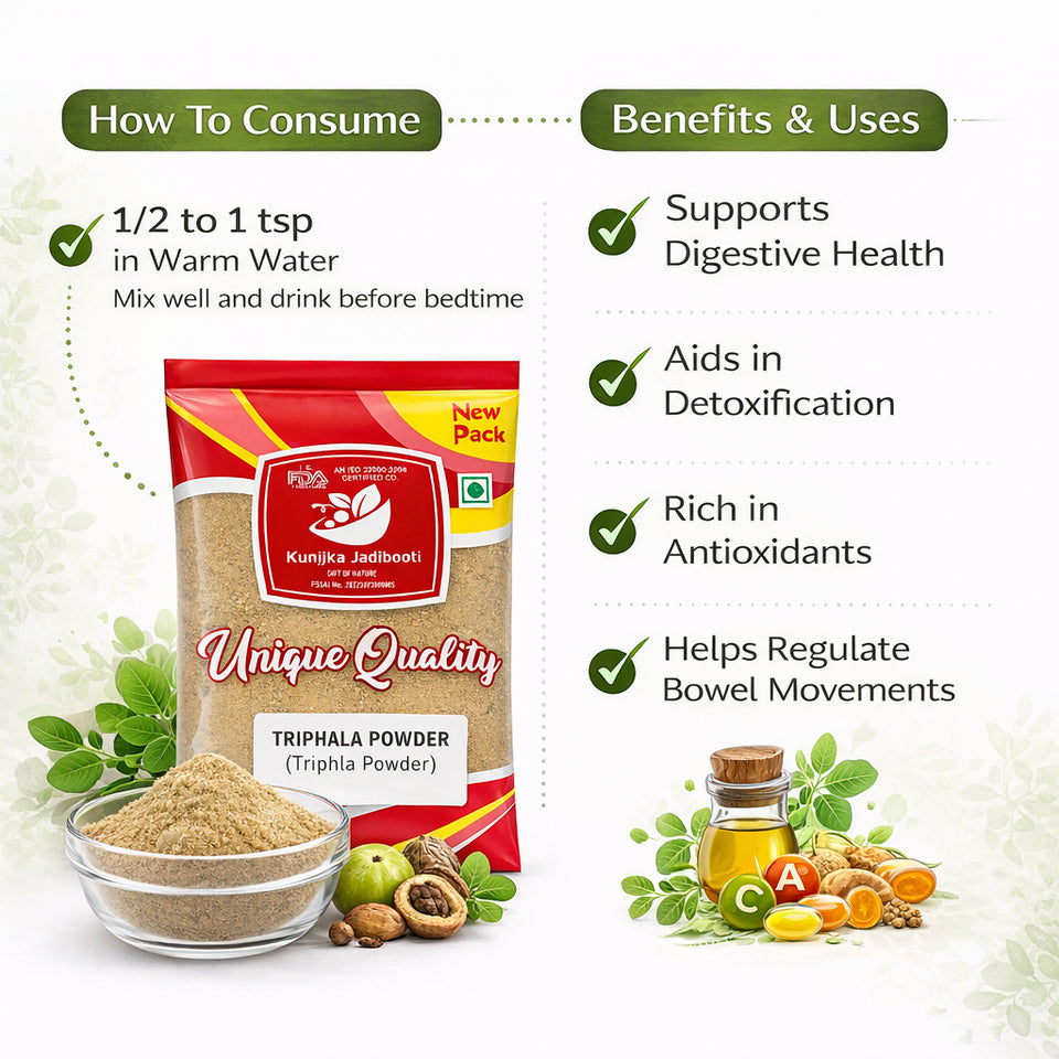 Kunjika Jadibooti Triphala Churna Powder | Premium Ayurvedic Triphala Powder | Amla Harad Baheda Blend | Natural Herbal Digestive Support | Pure, Raw & Chemical Free