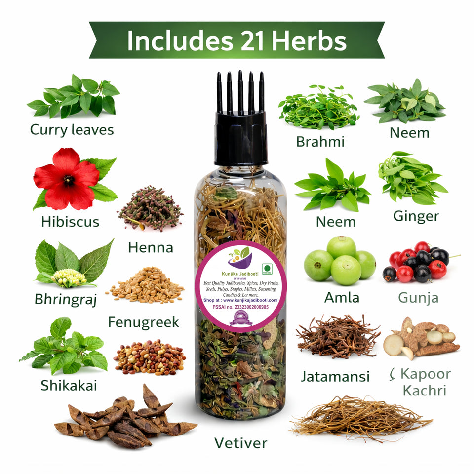 Kunjika Jadibooti 21 Ayurvedic Herbs for Hair Oil | DIY Herbal Hair Oil Kit with Comb Applicator | Natural Hair Growth, Hair Fall Control & Scalp Nourishment | Bhringraj, Amla, Brahmi Blend