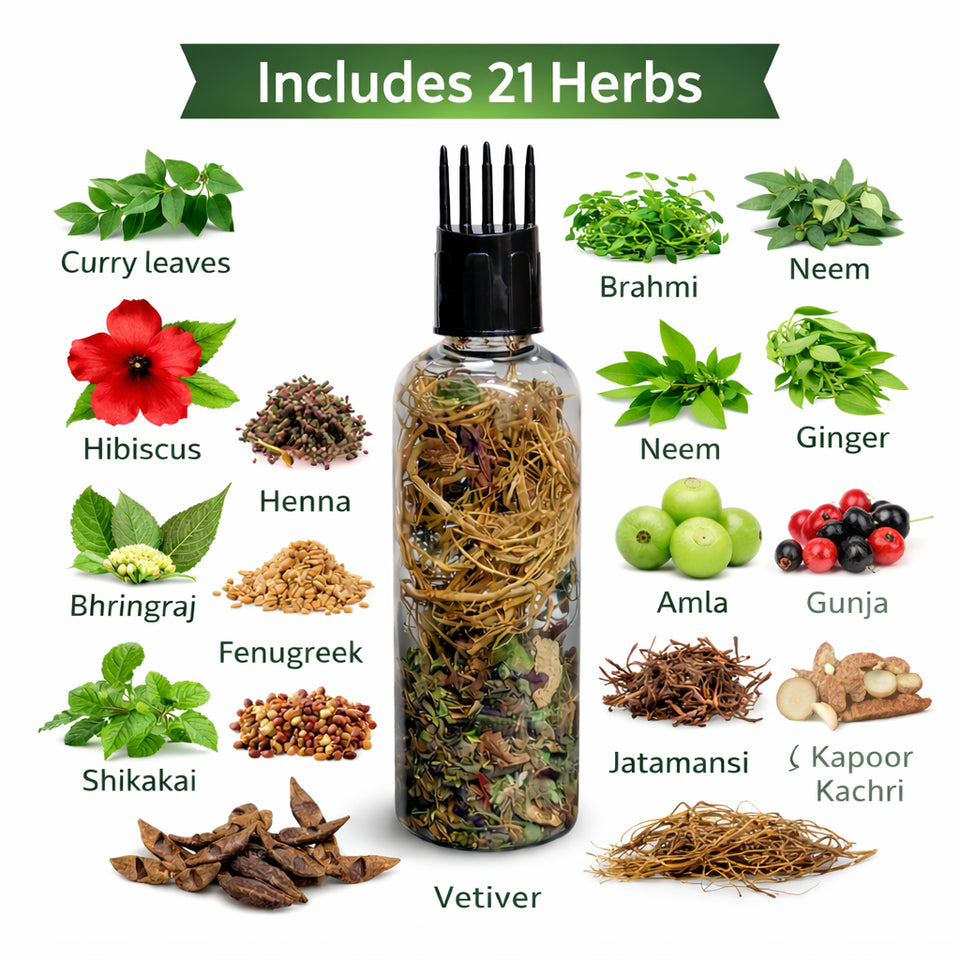 Kunjika Jadibooti 21 Ayurvedic Herbs for Hair Oil | DIY Herbal Hair Oil Kit with Comb Applicator | Natural Hair Growth, Hair Fall Control & Scalp Nourishment | Bhringraj, Amla, Brahmi Blend