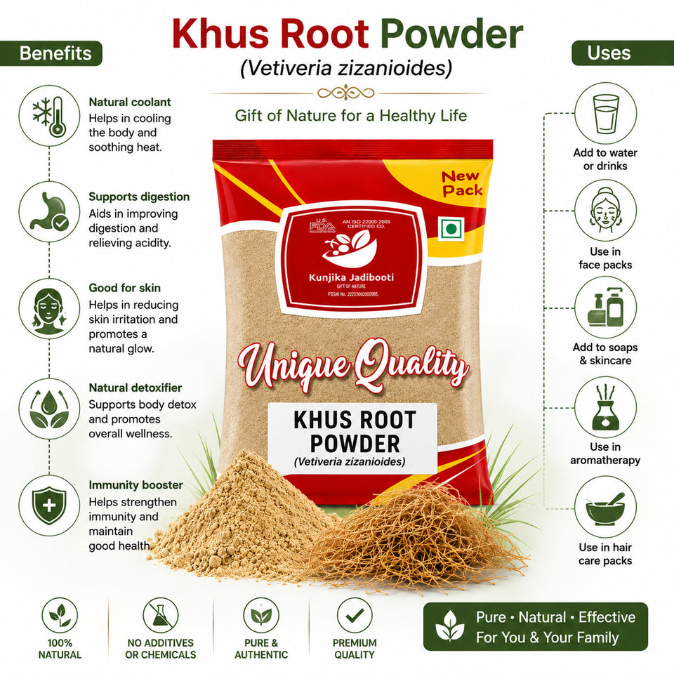 Kunjika Jadibooti Khus Powder (Vetiver Root Powder) | Natural Cooling Herb for Face Pack, Ubtan & Hair Care | Pure Khus for Skin & Ayurvedic Use - 100 gm