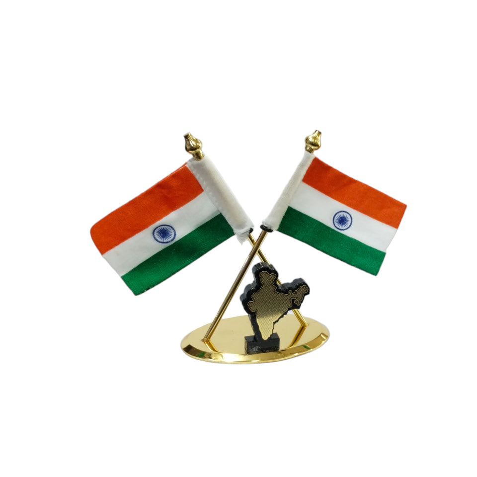 Double Indian Flags Crossed with India Map Logo Made with Brass with Khadi Fabric for Car Dashboard, Gifts, Home, Office
