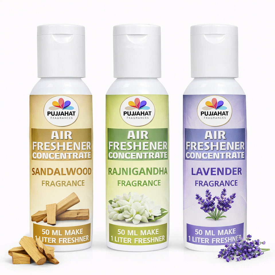 Sandalwood, Rajnigandha, Lavender Air Freshener Concentrate Set of 3 (50ml Each) Makes 1 Liter Each | Long Lasting Room Freshener Liquid | Fragrance Combo for Home, Office, Car | Alcohol-Free Premium Fragrance by Pujahaat