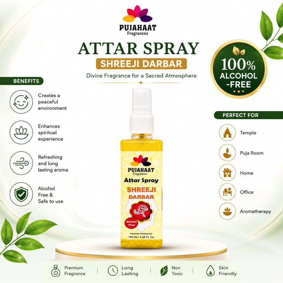 Pujahaat Premium Attar Spray | 100 ml Non Alcoholic Spray | Religious Mist | Air Freshener, Room Mist, Fabric & Linen Spray | Perfect for Prayers Rooms, Living Room, sofas, curtains, car - Shree ji Darbar