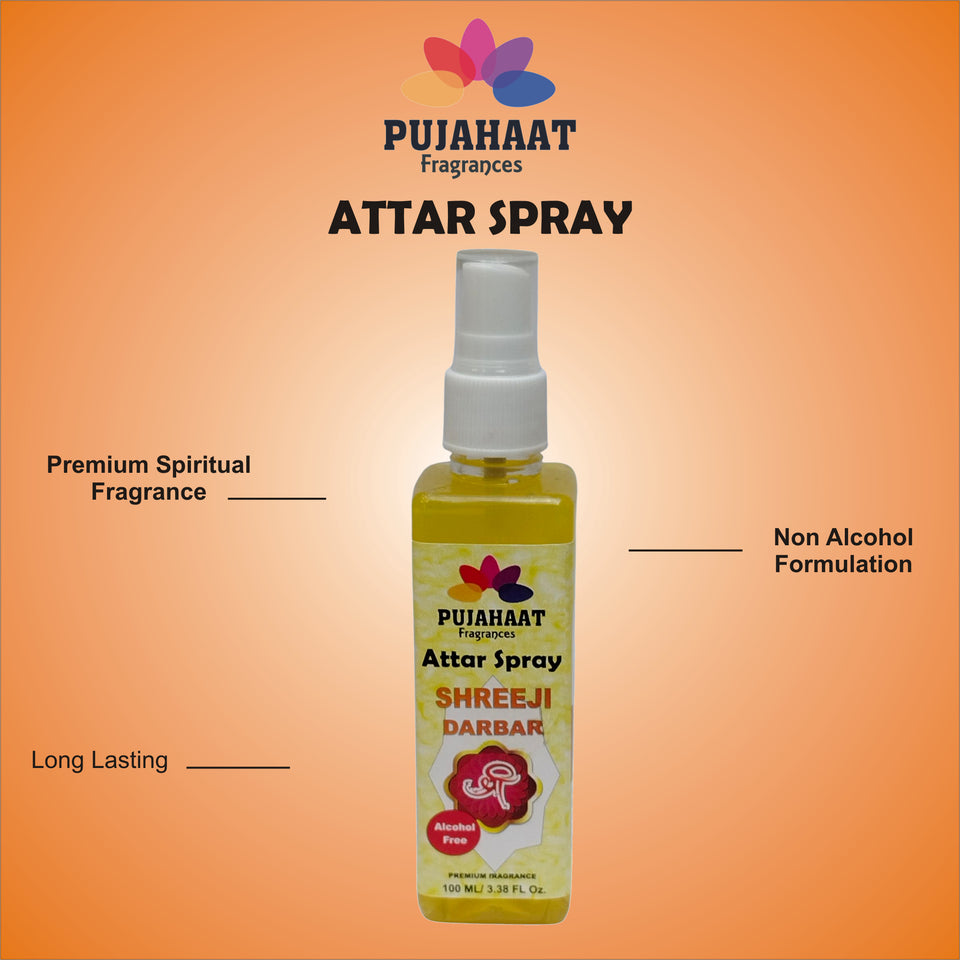 Pujahaat Premium Attar Spray | 100 ml Non Alcoholic Spray | Religious Mist | Air Freshener, Room Mist, Fabric & Linen Spray | Perfect for Prayers Rooms, Living Room, sofas, curtains, car - Shree ji Darbar