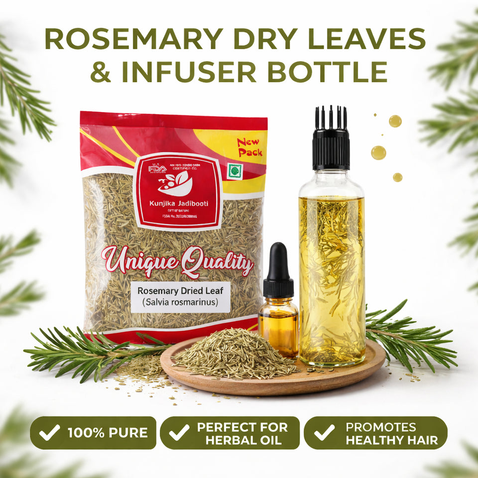 Kunjika Jadibooti Rosemary Leaves Dry 100 gm for Hair Growth Skin Care Herbal Dried Rosemary Patti Tea Cooking Spice Natural Ayurvedic Herb for Hair Oil with Comb applicator bottle