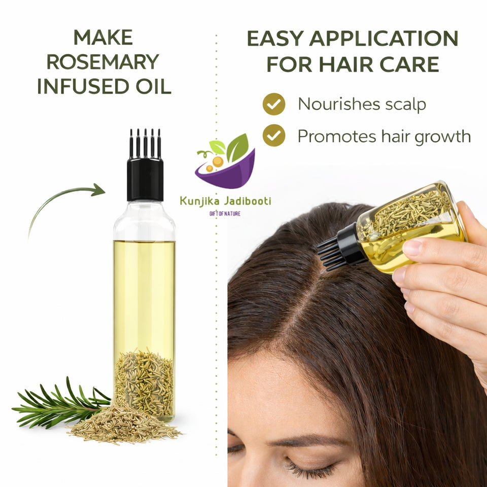 Kunjika Jadibooti Rosemary Leaves Dry 100 gm for Hair Growth Skin Care Herbal Dried Rosemary Patti Tea Cooking Spice Natural Ayurvedic Herb for Hair Oil with Comb applicator bottle