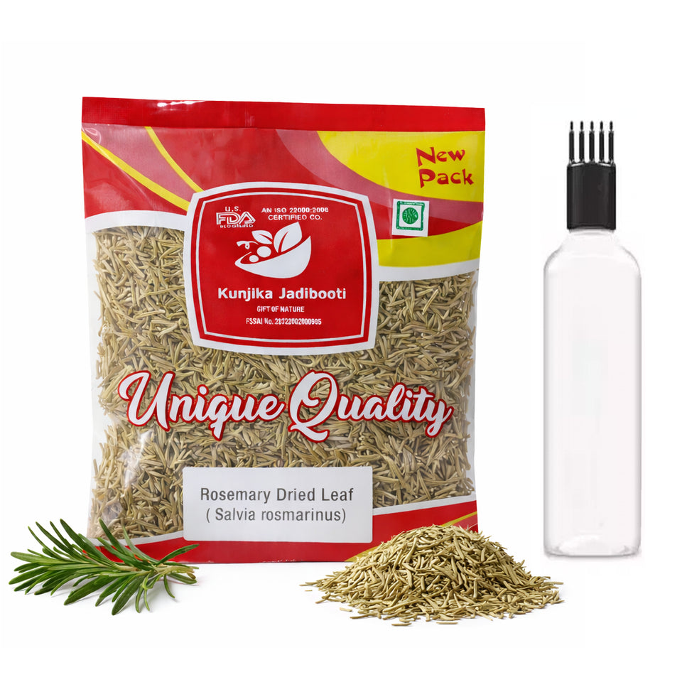 Kunjika Jadibooti Rosemary Leaves Dry 100 gm for Hair Growth Skin Care Herbal Dried Rosemary Patti Tea Cooking Spice Natural Ayurvedic Herb for Hair Oil with Comb applicator bottle