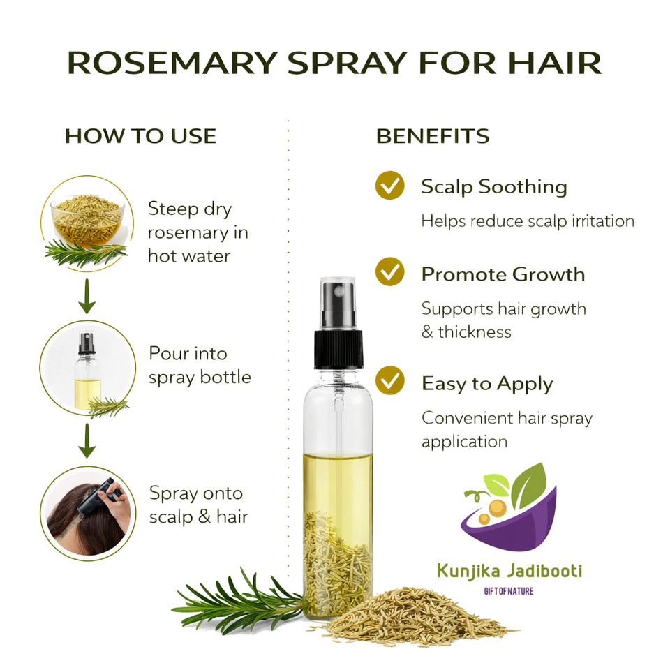 Kunjika Jadibooti Rosemary Leaves Dry 100 gms for Herbal Tea Cooking Spice Dried Rosemary Patti Hair Growth Skin Care Natural Ayurvedic Herb for Hair Oil includes 100 ml Mist Spray bottle