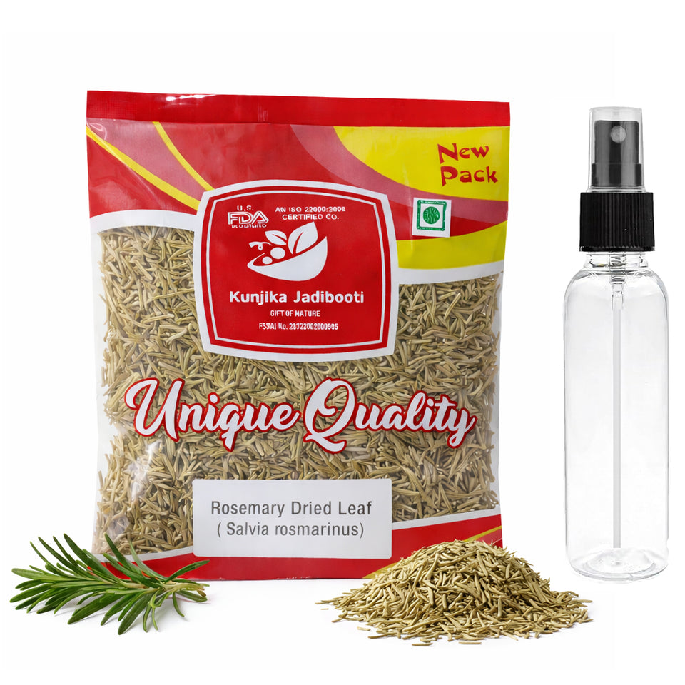 Kunjika Jadibooti Rosemary Leaves Dry 100 gms for Herbal Tea Cooking Spice Dried Rosemary Patti Hair Growth Skin Care Natural Ayurvedic Herb for Hair Oil includes 100 ml Mist Spray bottle