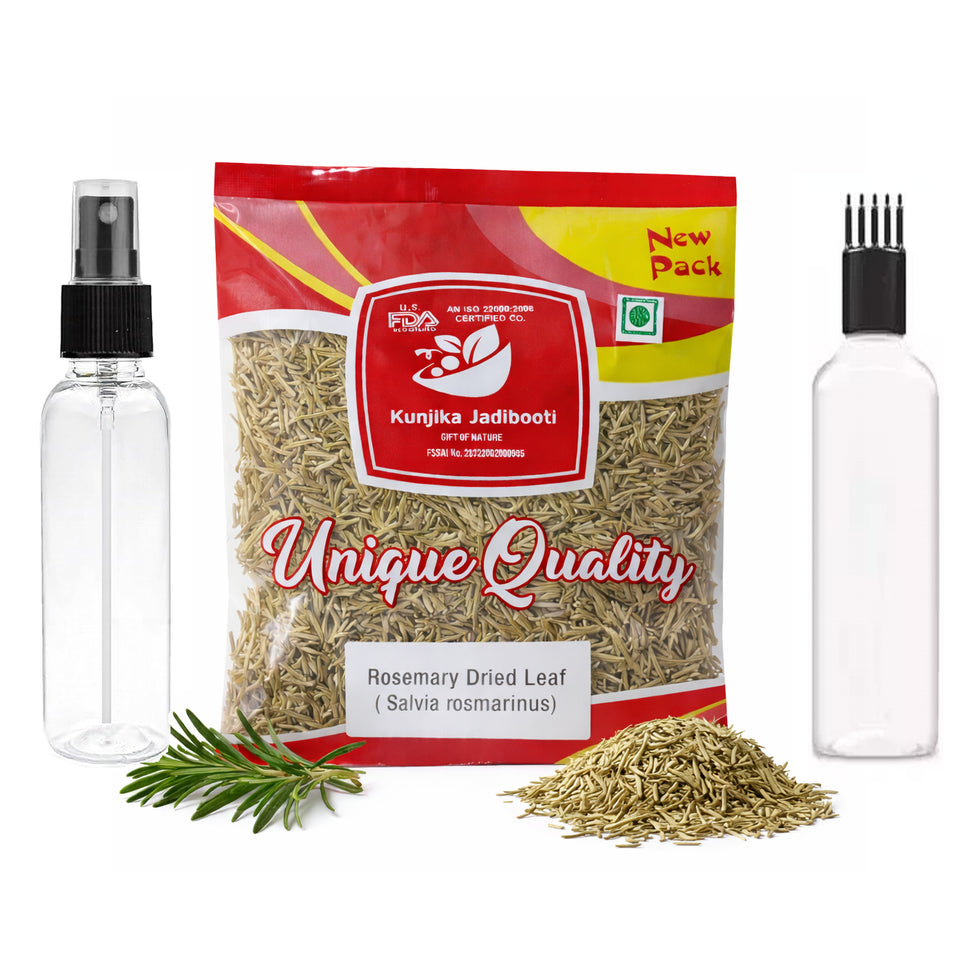 Kunjika Jadibooti Rosemary Leaves Dry 100 grms for Hair Growth Skin Care Herbal Tea Cooking Spice Dried Rosemary Patti Natural Ayurvedic Herb for Hair Oil Face DIY Pack with 100 ml Bottle with Mist spray and comb applicator.