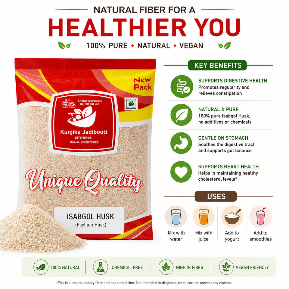 Kunjika Jadibooti Isabgol Bhusi Psyllium Husk High Fiber for Digestive Wellness, Isabgol Husk Natural Fiber Supplement for Gut Cleanse and Digestion - 100gms