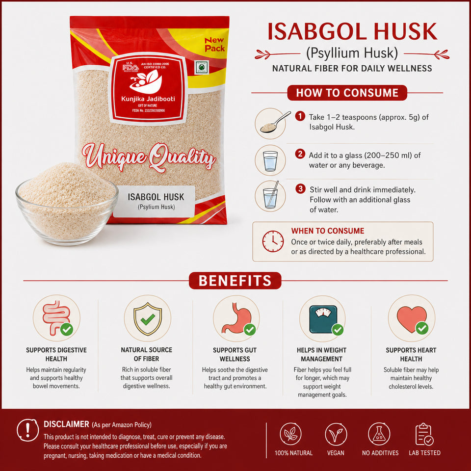 Kunjika Jadibooti Isabgol Bhusi Psyllium Husk High Fiber for Digestive Wellness, Isabgol Husk Natural Fiber Supplement for Gut Cleanse and Digestion - 100gms