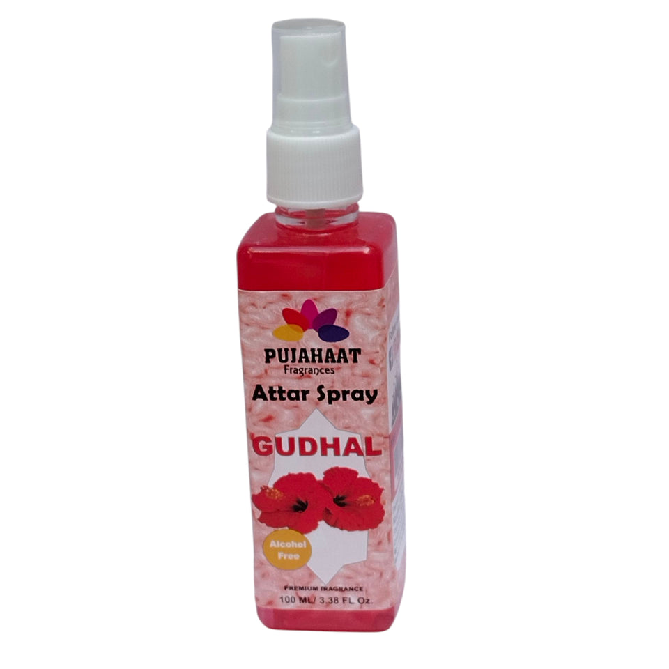 Pujahaat Premium Attar Spray | 100 ml Non Alcoholic Spray | Religious Mist | Air Freshener, Room Mist, Fabric & Linen Spray | Perfect for Prayers Rooms, Living Room, sofas, curtains, car - Gudhal Phool