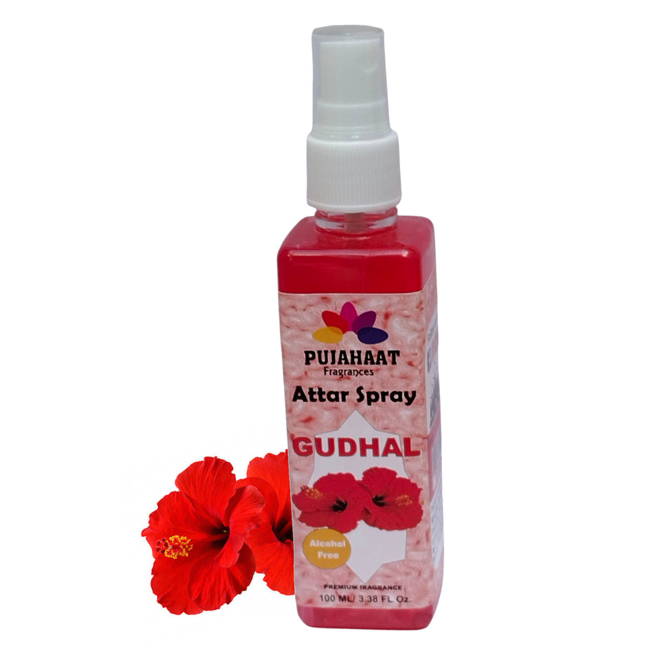 Pujahaat Premium Attar Spray | 100 ml Non Alcoholic Spray | Religious Mist | Air Freshener, Room Mist, Fabric & Linen Spray | Perfect for Prayers Rooms, Living Room, sofas, curtains, car - Gudhal Phool