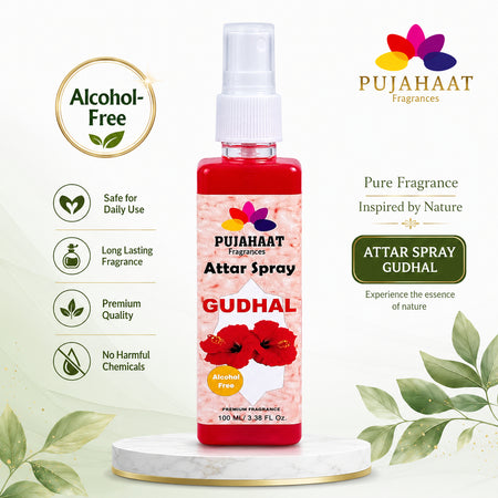 Pujahaat Premium Attar Spray | 100 ml Non Alcoholic Spray | Religious Mist | Air Freshener, Room Mist, Fabric & Linen Spray | Perfect for Prayers Rooms, Living Room, sofas, curtains, car - Gudhal Phool