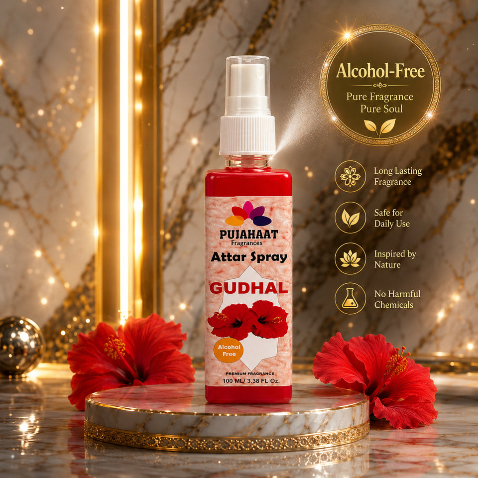 Pujahaat Premium Attar Spray | 100 ml Non Alcoholic Spray | Religious Mist | Air Freshener, Room Mist, Fabric & Linen Spray | Perfect for Prayers Rooms, Living Room, sofas, curtains, car - Gudhal Phool